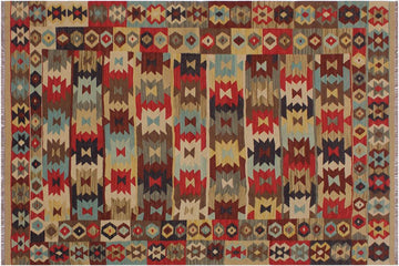 Flat Weave Kilim, Antique, Navaho, Vintage, Handmade, Geometric Kilim Beige Blue Hand-Woven Rectangle 100% Wool Area Rug 5 x 7